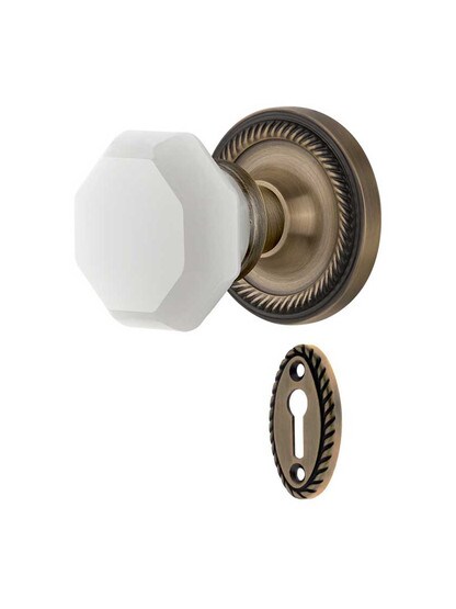 Rope Rosette Mortise Lock Set with Milk White Waldorf Crystal Glass Knobs in Antique Brass.